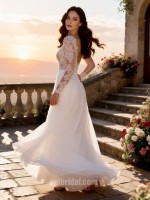 APJbridal Romantic Long Sleeve Lace A-Line Chiffon Wedding Dress with Sweep Train