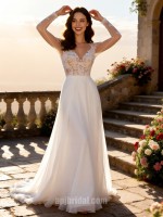 APJbridal Romantic Long Sleeve Lace A-Line Chiffon Wedding Dress with Sweep Train