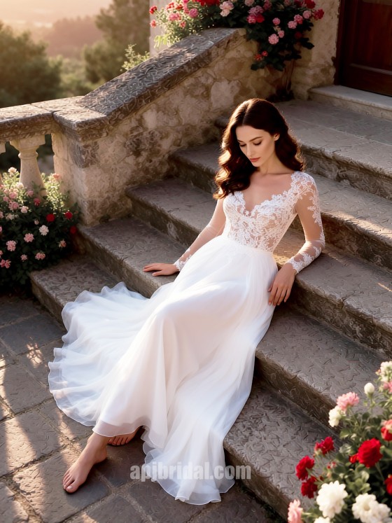 APJbridal Romantic Long Sleeve Lace A-Line Chiffon Wedding Dress with Sweep Train