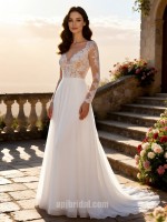 APJbridal Romantic Long Sleeve Lace A-Line Chiffon Wedding Dress with Sweep Train