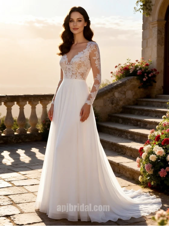 Romantic Long Sleeve Lace A-Line Chiffon Wedding Dress with Sweep Train