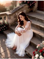 APJbridal Romantic Long Sleeve Lace A-Line Chiffon Wedding Dress with Sweep Train