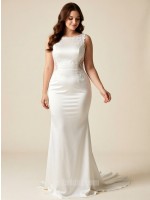 APJbridal Elegant Sleeveless Lace Satin Mermaid Wedding Dress with Train