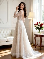 APJbridal Elegant Long Sleeve Lace A-Line Wedding Dress with V-Back