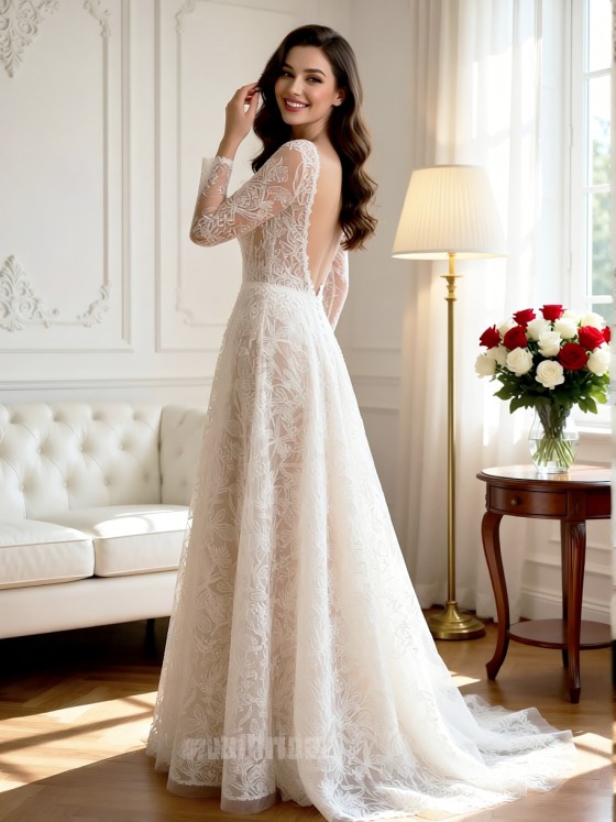 APJbridal Elegant Long Sleeve Lace A-Line Wedding Dress with V-Back