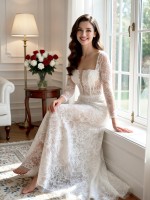 APJbridal Elegant Long Sleeve Lace A-Line Wedding Dress with V-Back