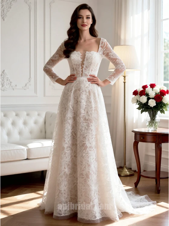 Elegant Long Sleeve Lace A-Line Wedding Dress with V-Back