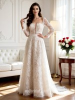 APJbridal Elegant Long Sleeve Lace A-Line Wedding Dress with V-Back