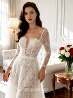 APJbridal Elegant Long Sleeve Lace A-Line Wedding Dress with V-Back
