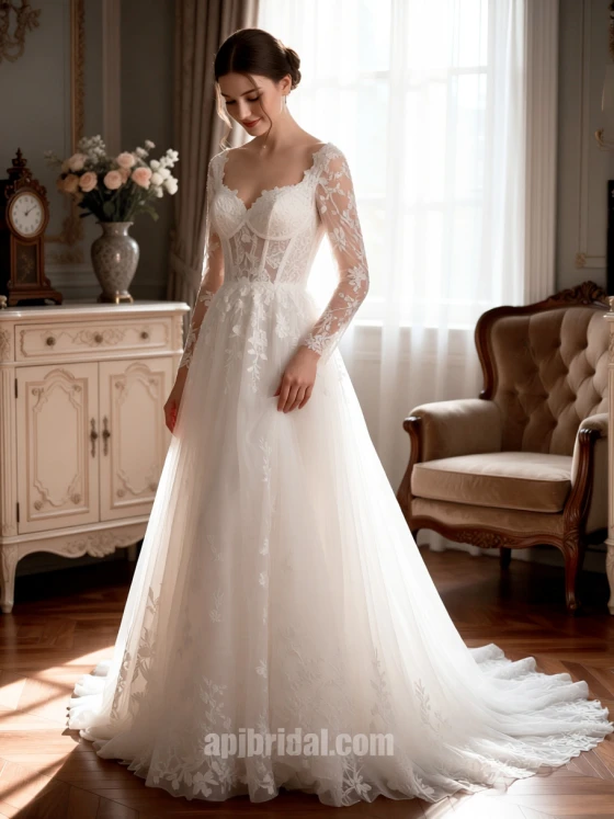 this gown Romantic Vintage Long Sleeve Lace A-Line Wedding Dress with Square Neckline and Floral Appliques