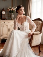 英文：APJbridal Romantic Vintage Long Sleeve Lace A-Line Wedding Dress with Square Neckline and Floral Appliques