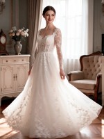 英文：APJbridal Romantic Vintage Long Sleeve Lace A-Line Wedding Dress with Square Neckline and Floral Appliques