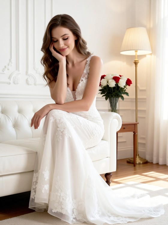 APJbridal Sexy Deep V-Neck Lace Mermaid Wedding Dress with Sleeveless Fitted Silhouette