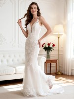 APJbridal Sexy Deep V-Neck Lace Mermaid Wedding Dress with Sleeveless Fitted Silhouette