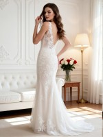 APJbridal Sexy Deep V-Neck Lace Mermaid Wedding Dress with Sleeveless Fitted Silhouette