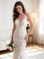 APJbridal Sexy Deep V-Neck Lace Mermaid Wedding Dress with Sleeveless Fitted Silhouette