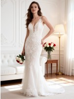 APJbridal Sexy Deep V-Neck Lace Mermaid Wedding Dress with Sleeveless Fitted Silhouette