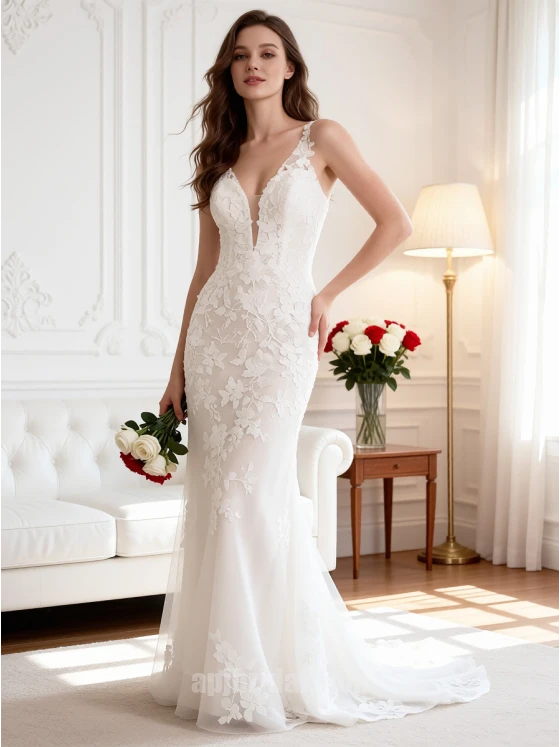 Deep V-Neck Lace Mermaid Wedding Dress with Sleeveless Fitted Silhouette
