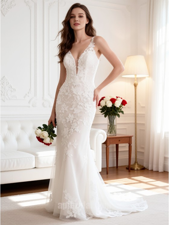 APJbridal Sexy Deep V-Neck Lace Mermaid Wedding Dress with Sleeveless Fitted Silhouette