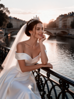 APJbridal Luxury Minimalist Royal Style Heavy Satin Off-the-Shoulder Ball Gown Wedding Dress with Cathedral Train