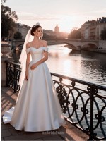 APJbridal Luxury Minimalist Royal Style Heavy Satin Off-the-Shoulder Ball Gown Wedding Dress with Cathedral Train