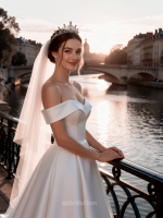 APJbridal Luxury Minimalist Royal Style Heavy Satin Off-the-Shoulder Ball Gown Wedding Dress with Cathedral Train