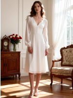 APJbridal Vintage Boho V-Neck Long Sleeve Button-Down Tea Length Wedding Dress Elegant Crepe A-Line Gown