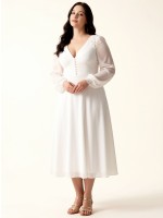 APJbridal Vintage Boho V-Neck Long Sleeve Button-Down Tea Length Wedding Dress Elegant Crepe A-Line Gown