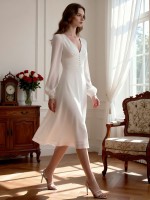 APJbridal Vintage Boho V-Neck Long Sleeve Button-Down Tea Length Wedding Dress Elegant Crepe A-Line Gown