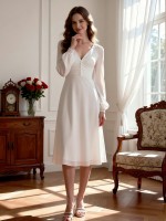 APJbridal Vintage Boho V-Neck Long Sleeve Button-Down Tea Length Wedding Dress Elegant Crepe A-Line Gown