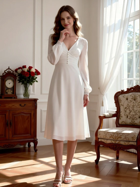 this gown Vintage Boho V-Neck Long Sleeve Button-Down Tea Length Wedding Dress Elegant Crepe A-Line Gown