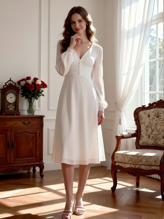APJbridal Vintage Boho V-Neck Long Sleeve Button-Down Tea Length Wedding Dress Elegant Crepe A-Line Gown