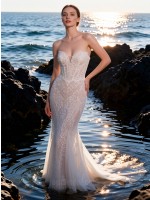 APJbridal Luxury Sexy Strapless Sweetheart Illusion Lace Mermaid Wedding Dress Floor Length Beach Destination Bridal Gown