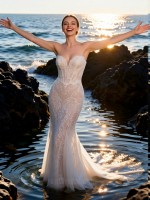 APJbridal Luxury Sexy Strapless Sweetheart Illusion Lace Mermaid Wedding Dress Floor Length Beach Destination Bridal Gown