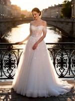 APJbridal Romantic Off-the-Shoulder A-Line Wedding Dress with 3D Floral Lace Appliques and Chapel Train