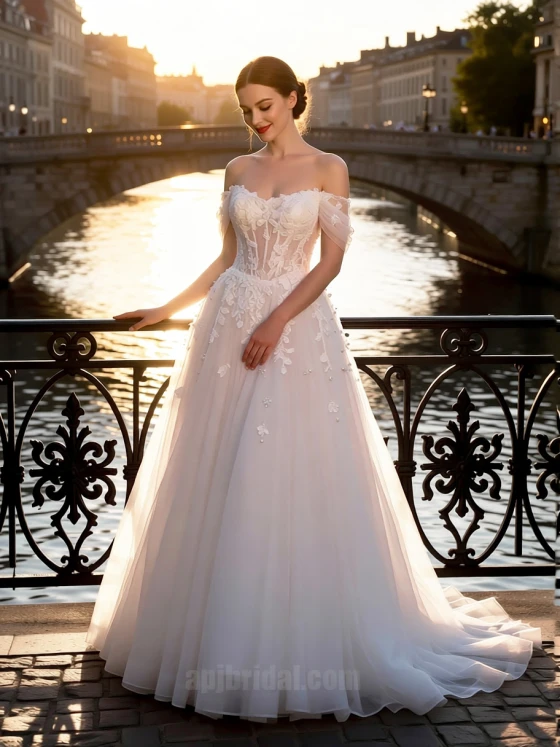 Romantic Off-the-Shoulder A-Line Wedding Dress with 3D Floral Lace Appliques and Chapel Train