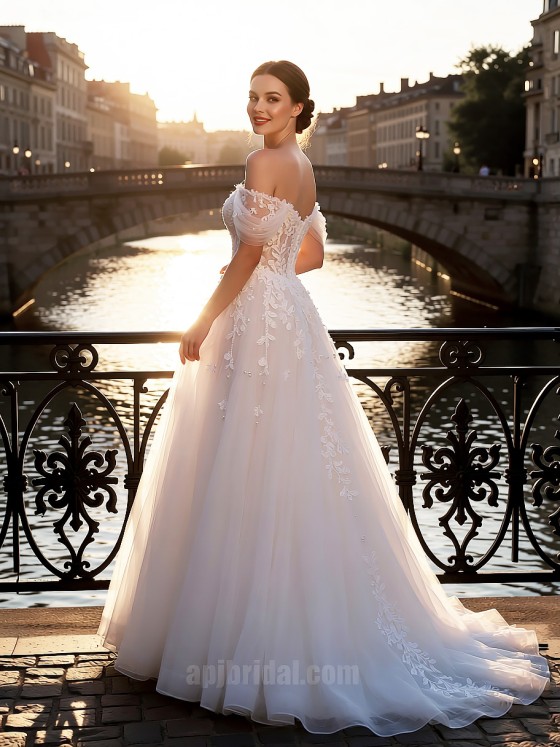APJbridal Romantic Off-the-Shoulder A-Line Wedding Dress with 3D Floral Lace Appliques and Chapel Train