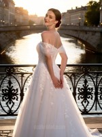 APJbridal Romantic Off-the-Shoulder A-Line Wedding Dress with 3D Floral Lace Appliques and Chapel Train