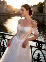 APJbridal Romantic Off-the-Shoulder A-Line Wedding Dress with 3D Floral Lace Appliques and Chapel Train