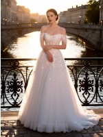 APJbridal Romantic Off-the-Shoulder A-Line Wedding Dress with 3D Floral Lace Appliques and Chapel Train