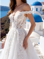 APJbridal Luxury Romantic Off-the-Shoulder Plunging V-Neck Lace Ball Gown Wedding Dress with Cathedral Train