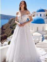 APJbridal Luxury Romantic Off-the-Shoulder Plunging V-Neck Lace Ball Gown Wedding Dress with Cathedral Train