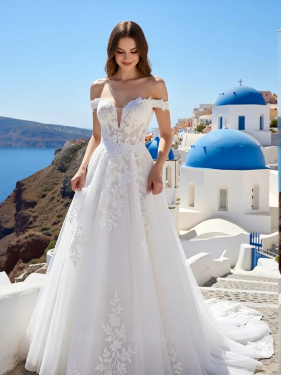 Romantic Off-the-Shoulder Plunging V-Neck Lace Ball Gown Wedding Dress with Cathedral Train