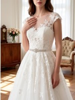 Classic Romantic Lace A-Line Wedding Dress with Cap Sleeves & Beaded Belt