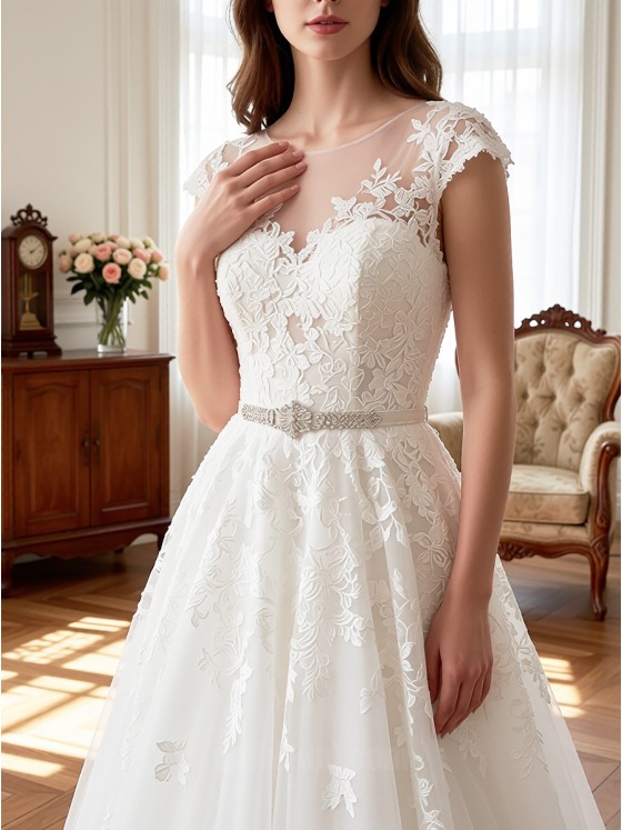 Classic Romantic Lace A-Line Wedding Dress with Cap Sleeves & Beaded Belt