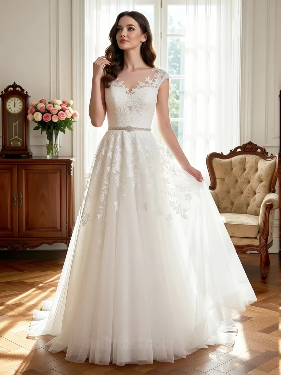 Classic Romantic Lace A-Line Wedding Dress with Cap Sleeves & Beaded Belt