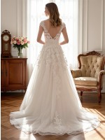 Classic Romantic Lace A-Line Wedding Dress with Cap Sleeves & Beaded Belt