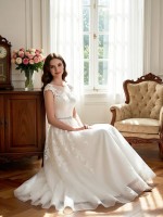 Classic Romantic Lace A-Line Wedding Dress with Cap Sleeves & Beaded Belt