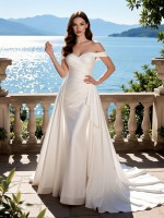 Luxury Satin Off-Shoulder Wedding Dress with Draped Bodice & Asymmetrical Skirt