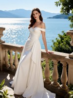 Luxury Satin Off-Shoulder Wedding Dress with Draped Bodice & Asymmetrical Skirt